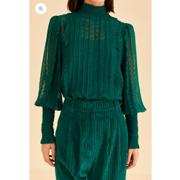 FARM RIO NWT Ruffled Long Sleeve Swiss Dot Blouse in Emerald // L - Picture 1 of 15